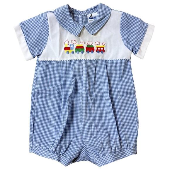 Alexis Other - Vintage Alexis Baby Boy Smocked Train Bubble Romper Blue Gingham 6M Jon Jon
